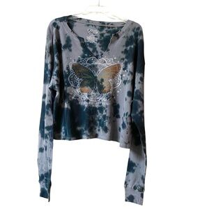 Cold Crush Grays Tie-Dye Butterfly Long Sleeve Thermal Crop Top Size XL